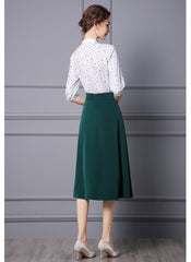 Queen Mary of Denmark Bracelet Sleeve Print Shirt & High-waist Flared Green Skirt