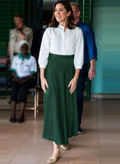 Queen Mary of Denmark Bracelet Sleeve Print Shirt & High-waist Flared Green Skirt