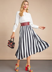 Queen Rania Inspired White Blouse & Striped Pleated Skirt