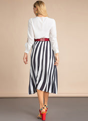 Queen Rania Inspired White Blouse & Striped Pleated Skirt