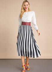 Queen Rania Inspired White Blouse & Striped Pleated Skirt