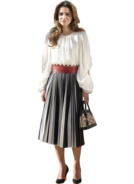 Queen Rania Inspired White Blouse & Striped Pleated Skirt