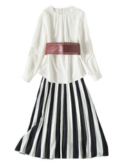 Queen Rania Inspired White Blouse & Striped Pleated Skirt