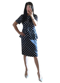 Amal Clooney Inspired Polka Dot Peplum Skirt and Jacket Set