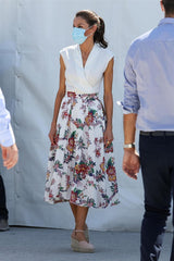 Queen Letizia Inspired Mock Two-Piece V-neck Floral Dress with High-Rise & Flared Skirt