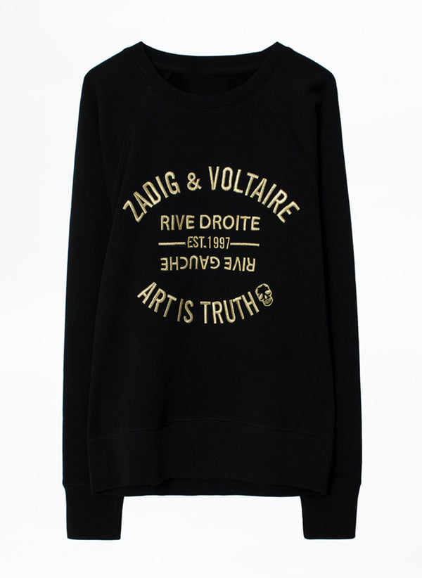 Raglan Sleeve 100% Cotton Sweatshirt with Embroidered Letters "Art Is Truth" in Black