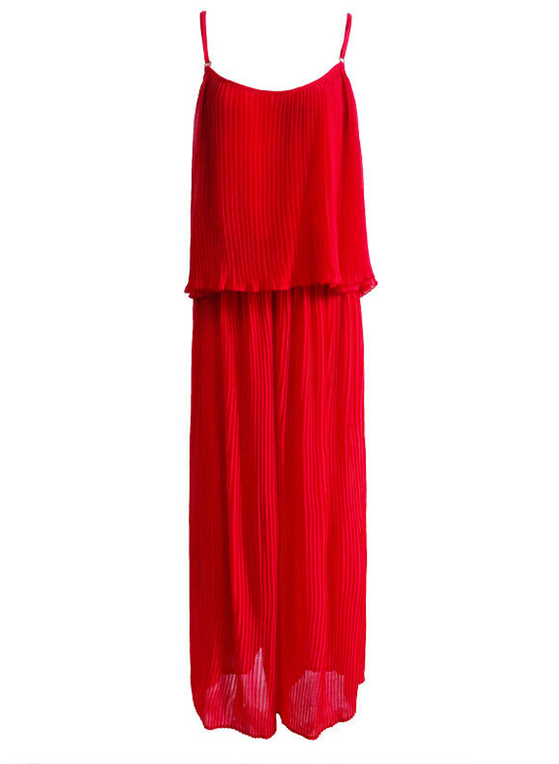 Strappy Pleated Ruffle Top Culottes Jumpsuit in Red