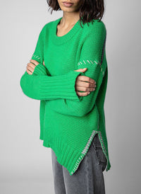 Green Oversized Cashmere Sweater – Stitched Details, Crew Neck, Thumbhole