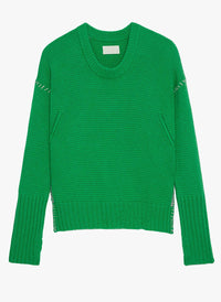 Green Oversized Cashmere Sweater – Stitched Details, Crew Neck, Thumbhole