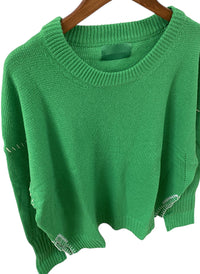 Green Oversized Cashmere Sweater – Stitched Details, Crew Neck, Thumbhole