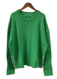 Green Oversized Cashmere Sweater – Stitched Details, Crew Neck, Thumbhole