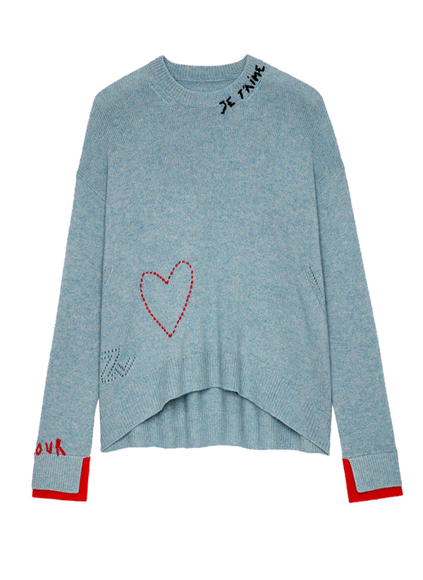 Asymmetrical Knit Sweater with Heart and Script Embroidery – 100% Cashmere