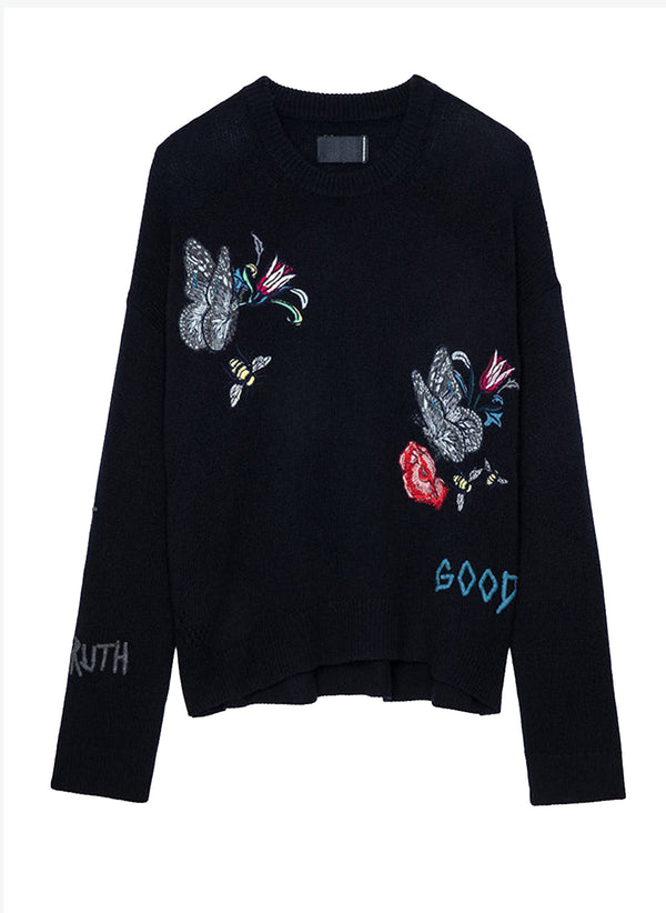 Navy Embroidered Knit Sweater with Nature-Inspired Motifs – 100% Cashmere