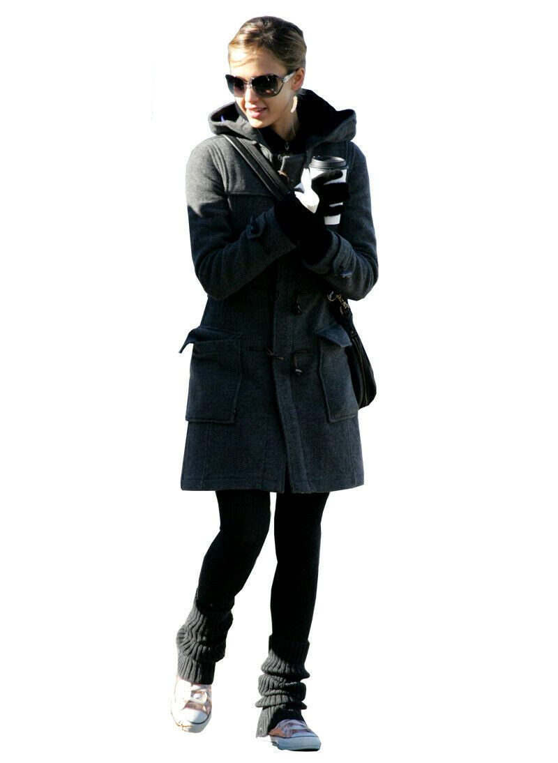 Jessica Alba Inspired Duffel Wool Hooded Coat in Dark Charcoal