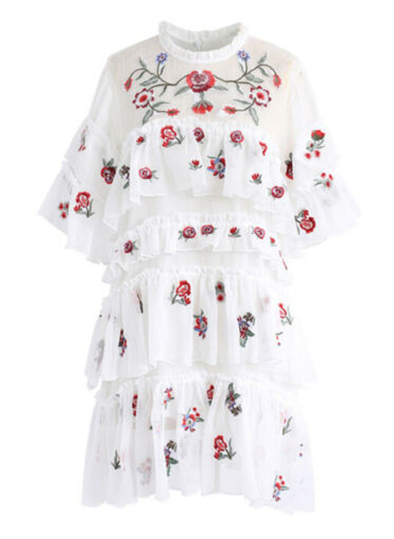 Floral Embroidered Tiered Mesh Shift Dress