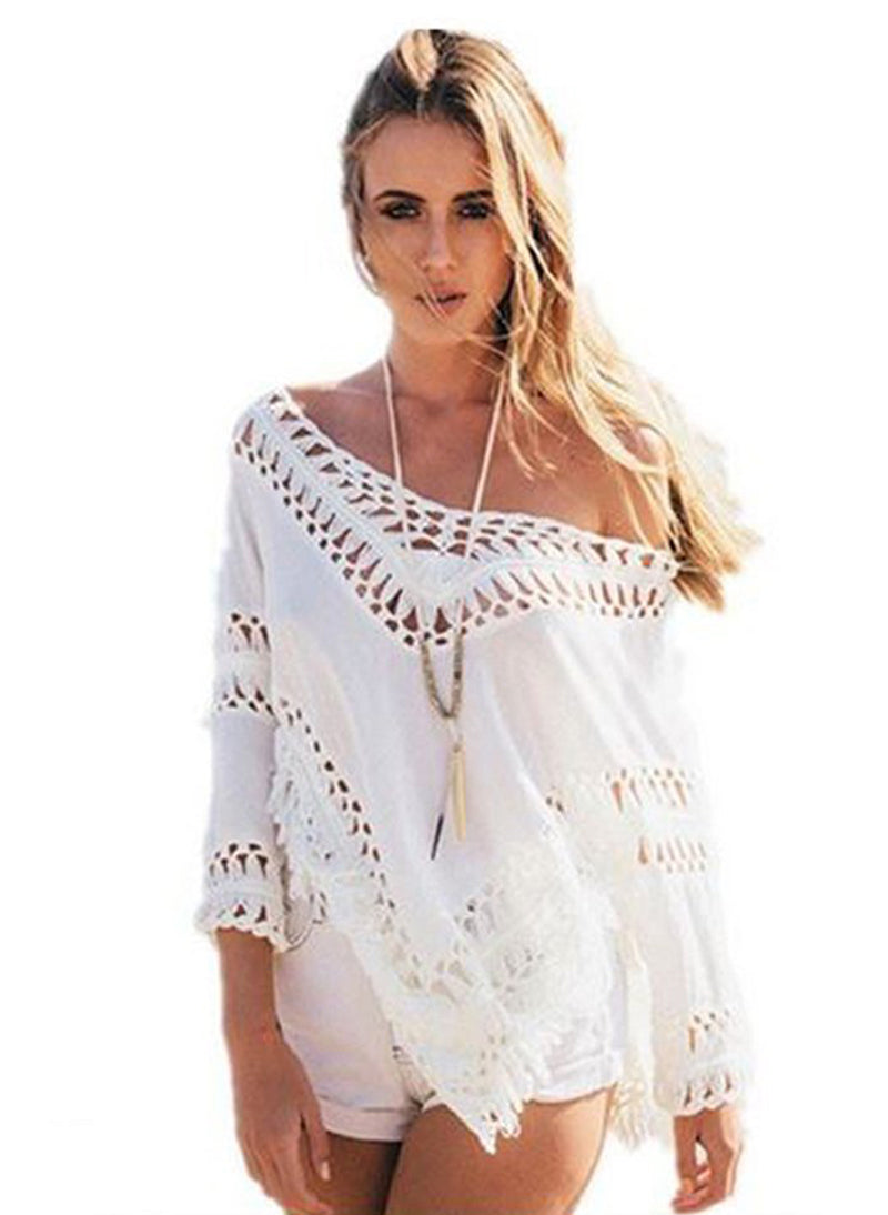 V-neck Crochet Lace Top with Asymmetric Hem in White