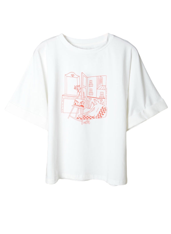 Rolled Up Short Sleeve Loose Fit White Cotton T-Shirt in Graphic Print