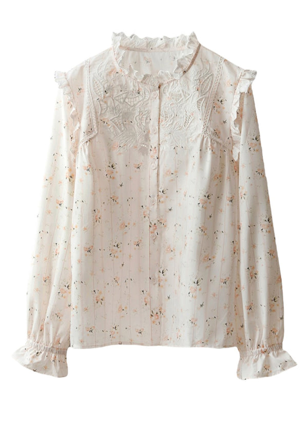 Ruffled High Neck Eyelet Embroidered Blouse in Floral Print