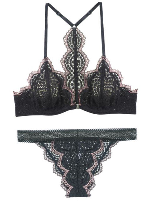 Scallop Lace Soft Cup Wirefree T-Back Bra Set in Black