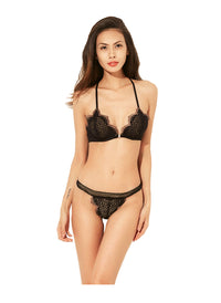 Scallop Lace Soft Cup Wirefree T-Back Bra Set in Black