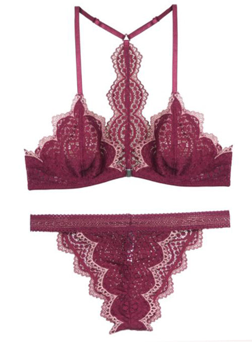 Scallop Lace Soft Cup Wirefree T-Back Bra Set in Maroon