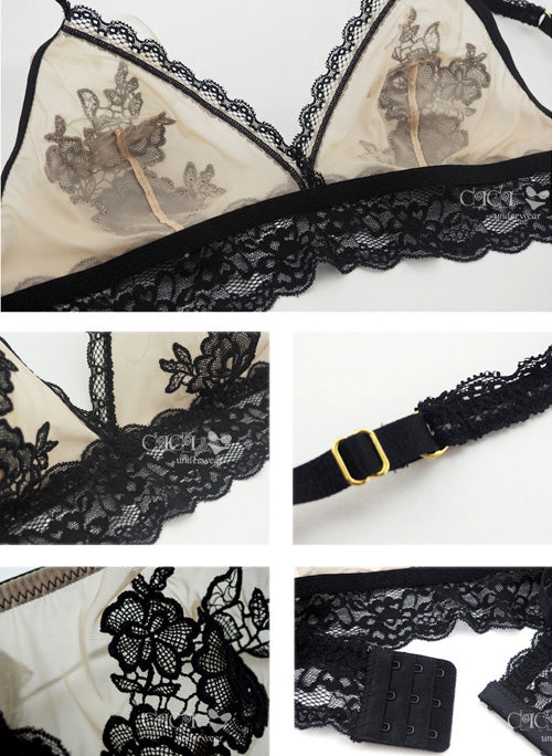 Lace Soft Cup Wirefree Floral Applique Bralette & Panty Set