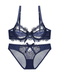 Lace Soft Wired 3/4 Cup Uplift Bra Set in Dark Blue