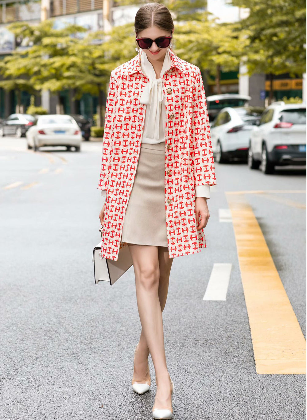 Single-Breasted Patterned Gold Button Mid-Length Coat