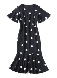 Polka Dot Print Flutter Sleeve Fishtail Midi Dress