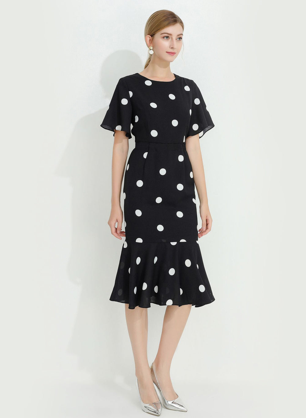 Polka Dot Print Flutter Sleeve Fishtail Midi Dress