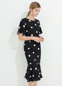 Polka Dot Print Flutter Sleeve Fishtail Midi Dress