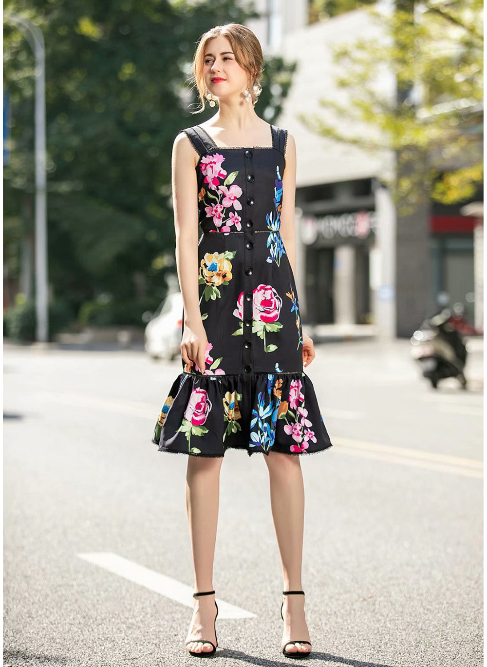 Floral Square Neck Strappy Frill Hem Midi Dress