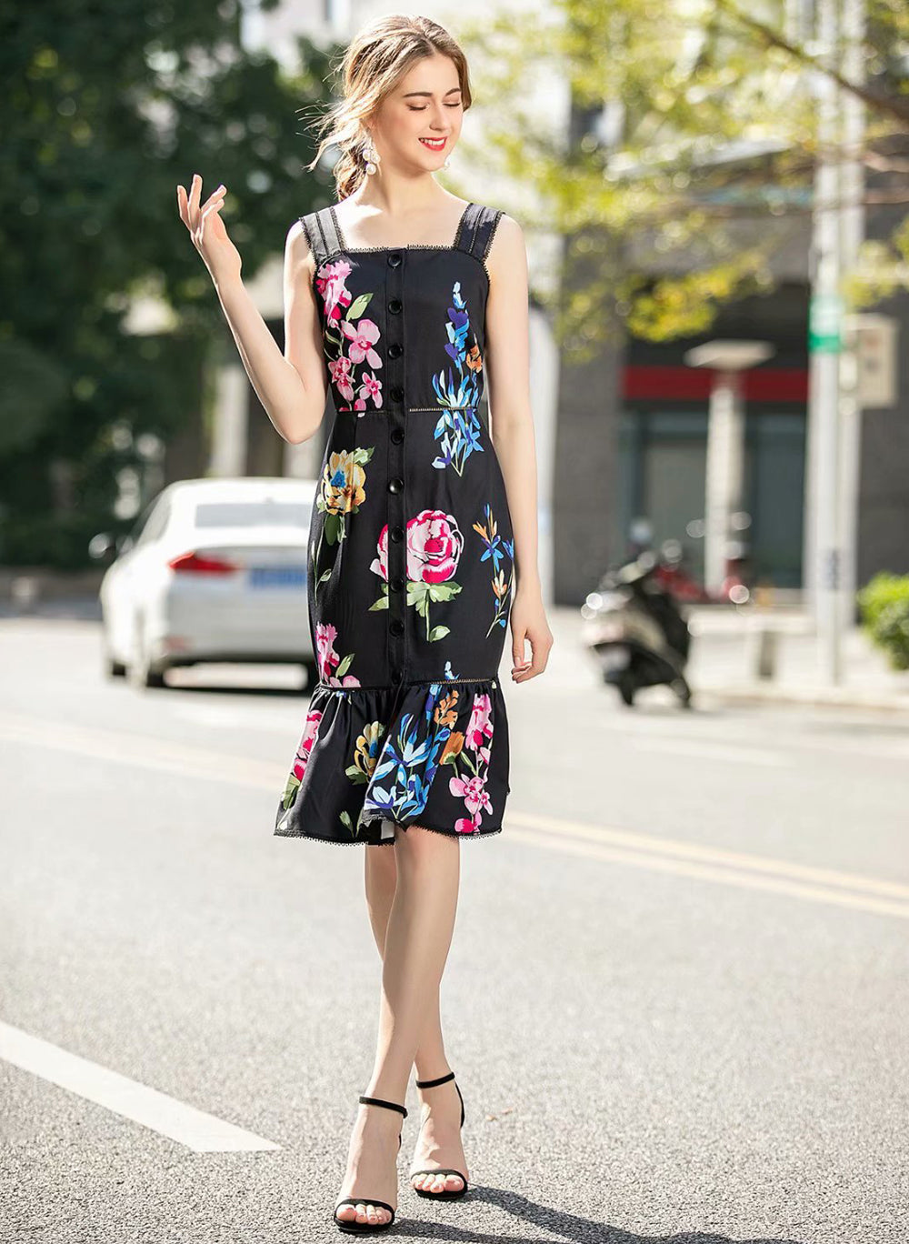 Floral Square Neck Strappy Frill Hem Midi Dress