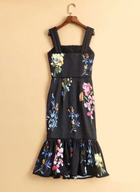 Floral Square Neck Strappy Frill Hem Midi Dress