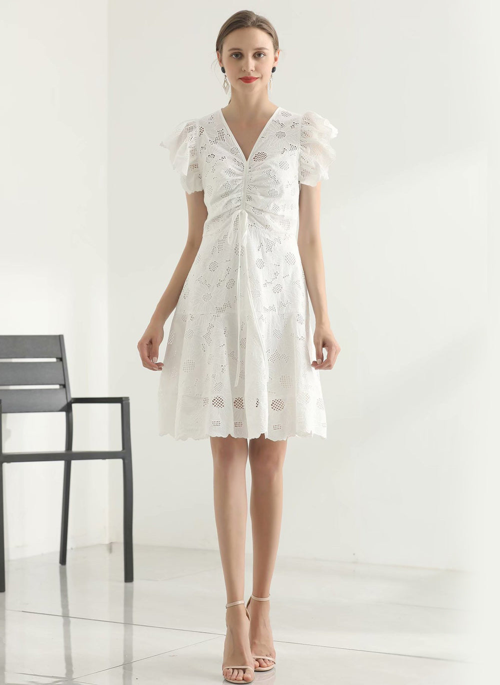 Ruffle Sleeve Embroidery Fit-and-Flare Dress in White