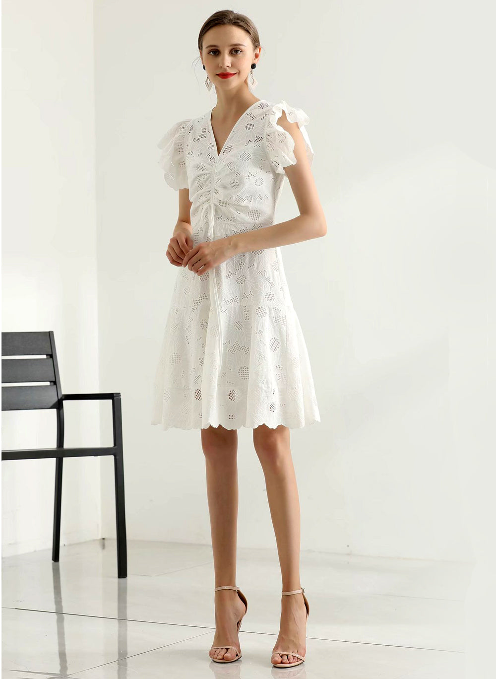 Ruffle Sleeve Embroidery Fit-and-Flare Dress in White