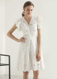 Ruffle Sleeve Embroidery Fit-and-Flare Dress in White