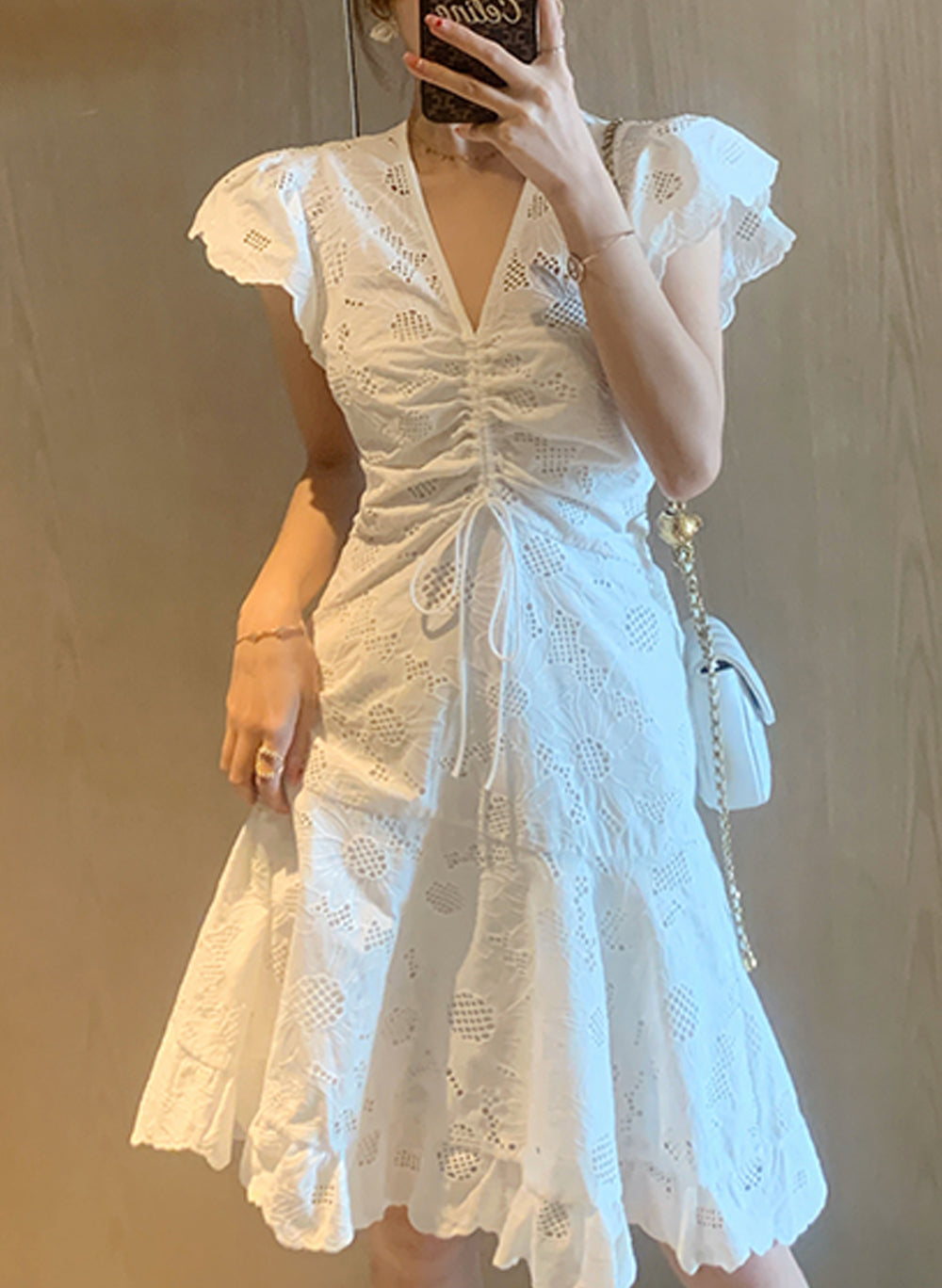 Ruffle Sleeve Embroidery Fit-and-Flare Dress in White