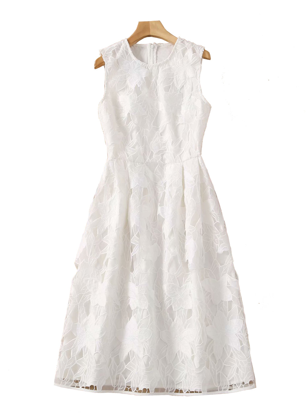 Floral Lace Eyelet Fit-and-Flare Midi Dress in White