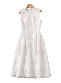 Floral Lace Eyelet Fit-and-Flare Midi Dress in White