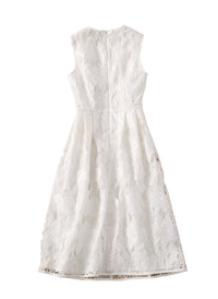 Floral Lace Eyelet Fit-and-Flare Midi Dress in White