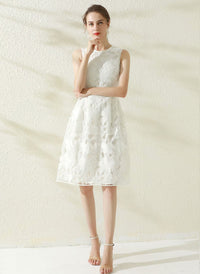 Floral Lace Eyelet Fit-and-Flare Midi Dress in White