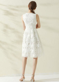 Floral Lace Eyelet Fit-and-Flare Midi Dress in White