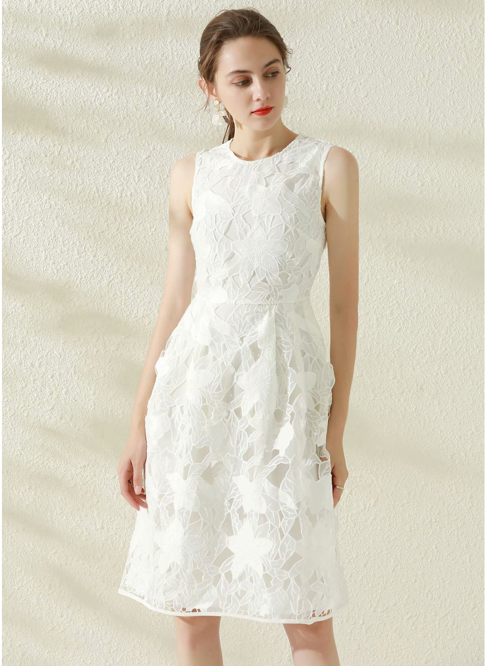 Floral Lace Eyelet Fit-and-Flare Midi Dress in White