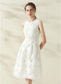 Floral Lace Eyelet Fit-and-Flare Midi Dress in White