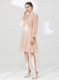 Stand-up Collar Embroidered Eyelet Knee-length Dress