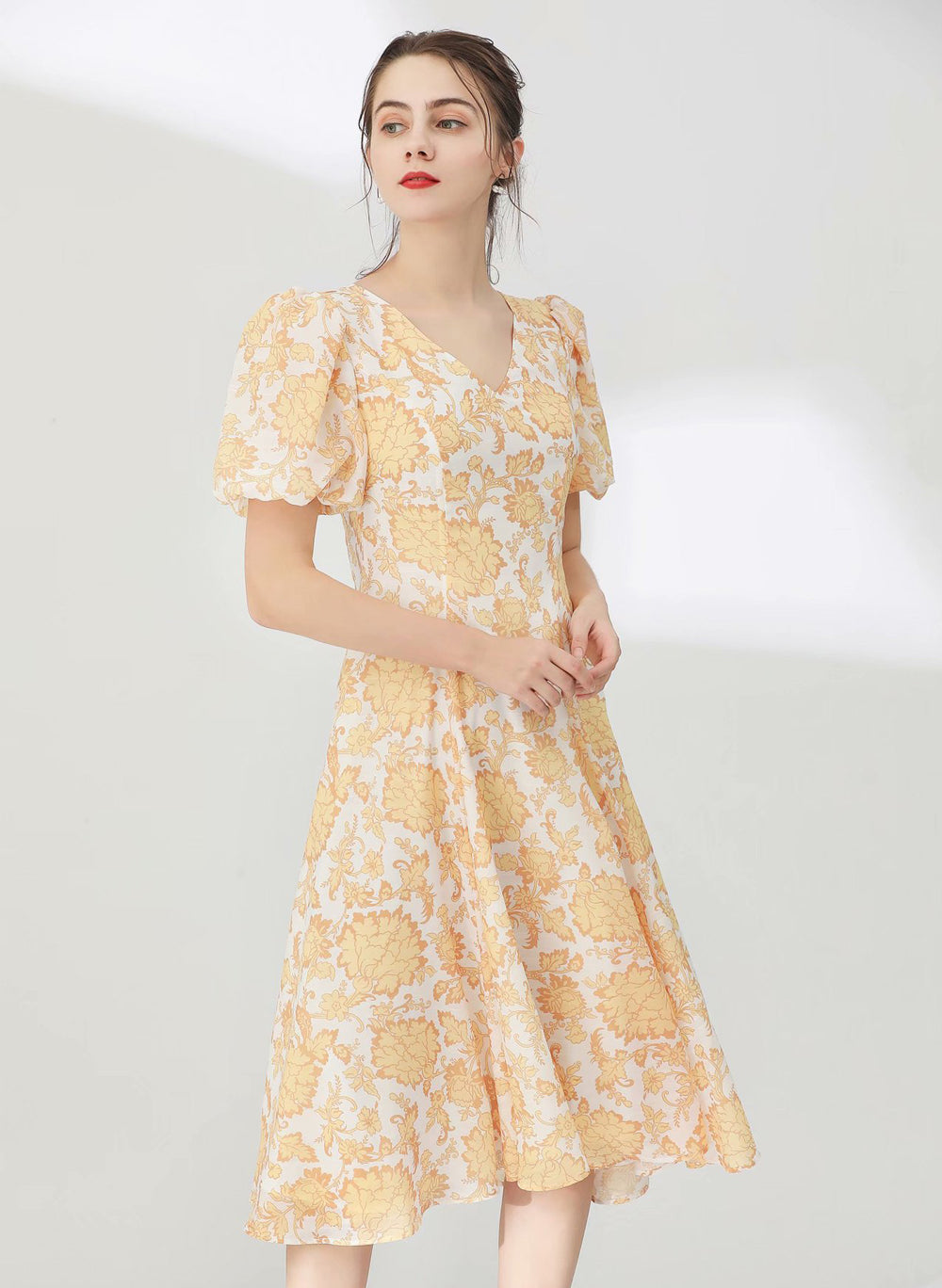 Floral Print V-neck Bubble Sleeve Silk Flared Dress