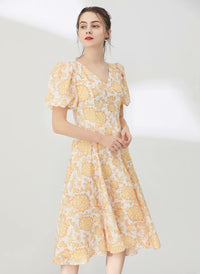 Floral Print V-neck Bubble Sleeve Silk Flared Dress