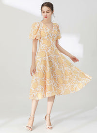 Floral Print V-neck Bubble Sleeve Silk Flared Dress