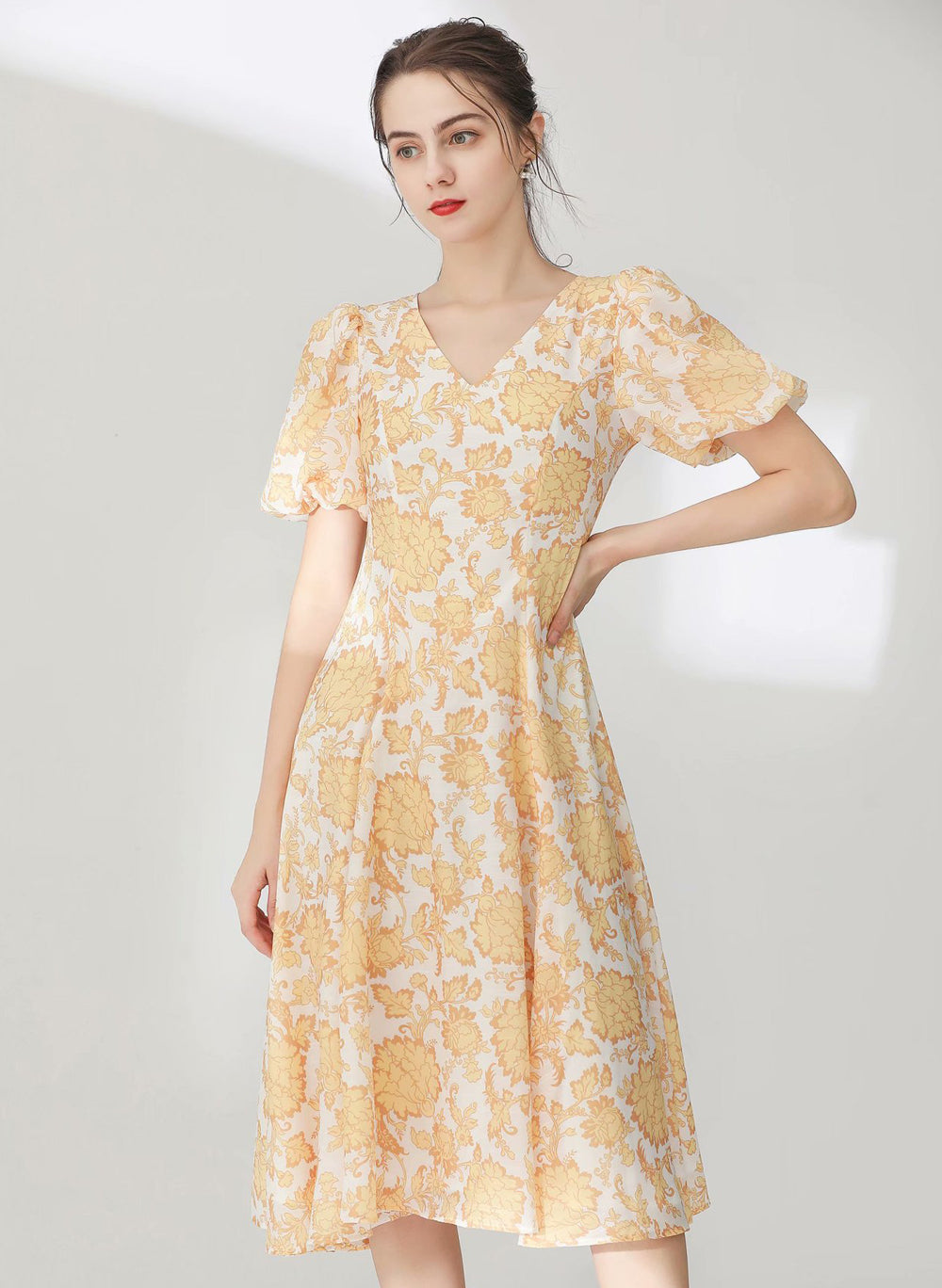 Floral Print V-neck Bubble Sleeve Silk Flared Dress